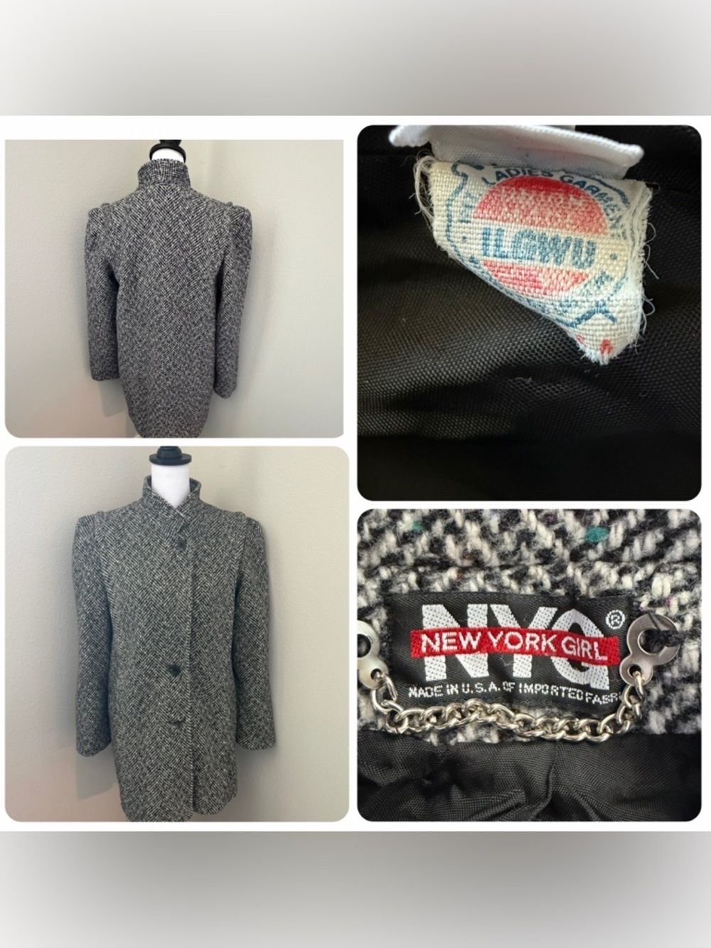 Nyg vintage  style black and white herringbone tweed wool coat.